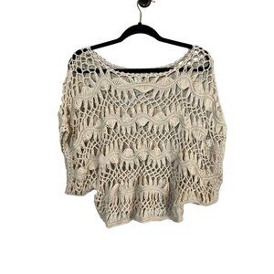 Body Central Knit Sweater M Tan Crochet Open Weave Boho Peasant Hippie Indie 80s